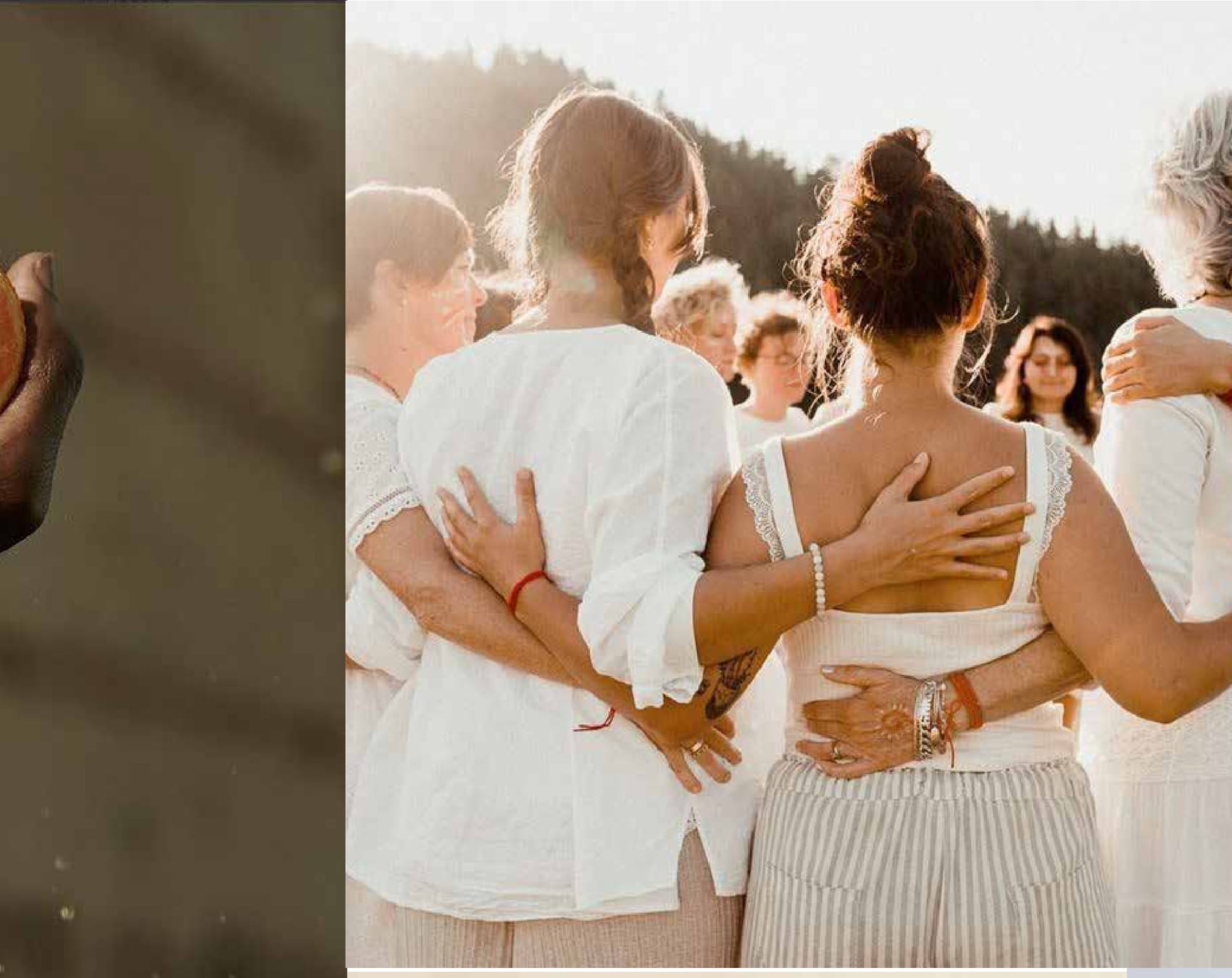 Mujeres abrazadas, vestidas de blanco, apoyándose unas a otras
